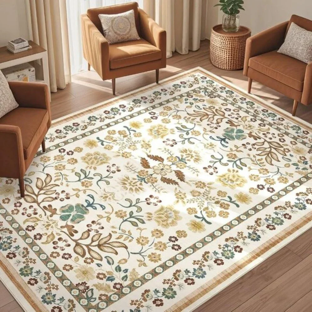 New 5x7 Brown Boho Area Rug, Washable Vintage Floral Non-Slip Low Pile Carpet